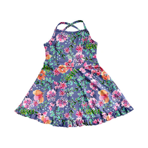 3.31  GSD2279 Baby Girls Purple Strap Floral Yoga Ruffle Knee Length Dresses Preorder
