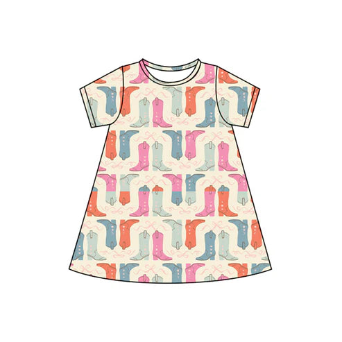 4.22  GSD2497 Baby Girls Short Sleeves Colorful Boots Knee Length Dresses Preorder