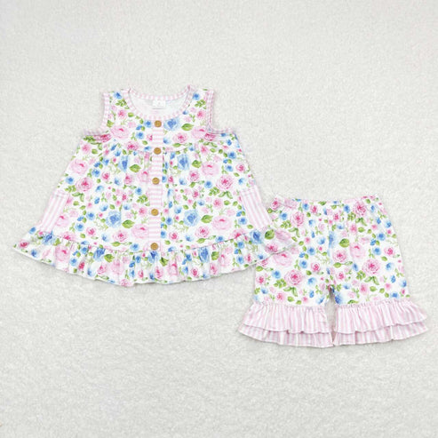 6.16 GSSO0569 pink and white striped pocket flower sleeveless top pink lace flower short-sleeved suit