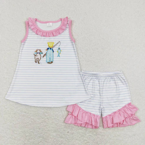 6.17 GSSO0412 Embroidery Fishing Girl Puppy Blue and White Stripes Sleeveless Flower