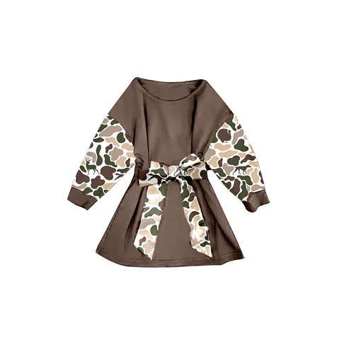 9.19 GLD1305 Baby Girls Deer Dogs Ducks Camo Long Sleeve Belt Western Knee Length Dresses Preorder