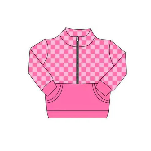 9.8 Custom Moq 5 Baby Girls Pink Checked Zipper Pockets Long Sleeves Pullovers Tops