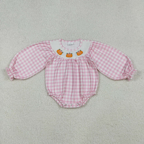 10.10 LR2181 Baby Infant Girls Pink Plaid Long Ruffle Sleeves Pumpkins Smocked Romper