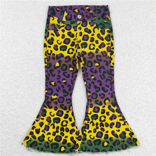 P0314 Leopard print yellow-green-purple denim pants