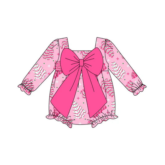 8.26 LR2586 Baby Girls Pink Christmas Trees Stars Plaid Bows Ruffle Rompers Preorder