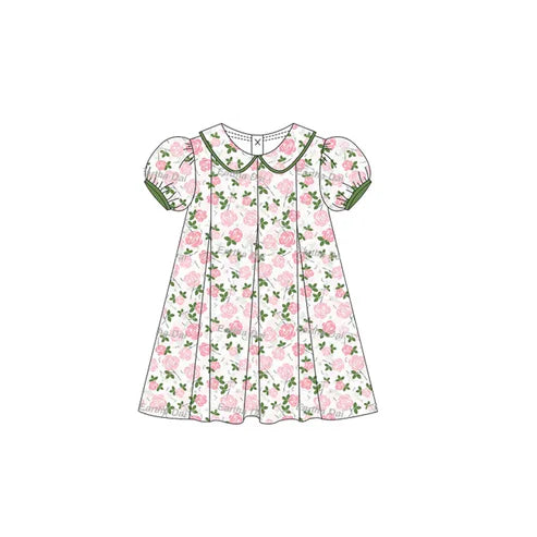 3.22 GSD2210 Baby Girls Green Short Ruffle Sleeves Pink Floral Knee Length Dresses Preorder