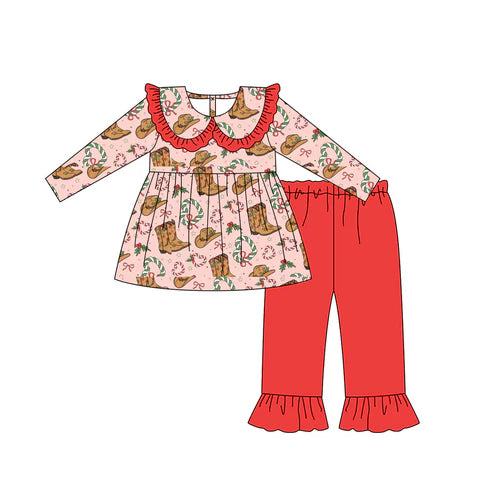 6.28 NO MOQ sales GLP2540 Pre-order baby girls clothes Christmas boots long sleeve pants sets