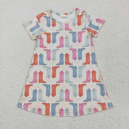 5.21 GSD2497 Baby Girls Short Sleeves Colorful Boots Knee Length Dress