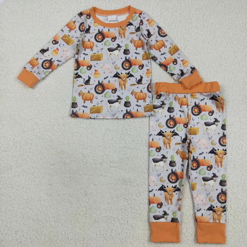 8.12 BLP1179 Baby Boys Long Sleeves Bats Farm Pumpkins Top Pant Pajamas Set