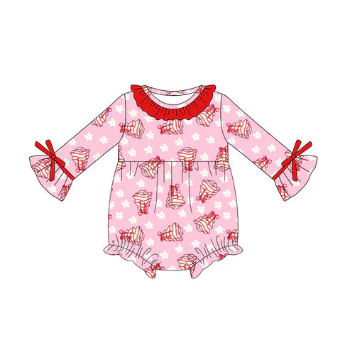 5.20 LR2213 Baby Girls Long Sleeves Pink Flowers Trees Ruffle Rompers Preorder