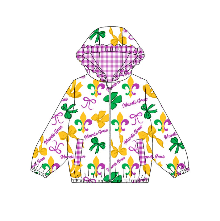 9.27 GT1250 Baby Girls Anchors Bows Pockets Zipper Mardigras Ruffle Hoodies Top Preorder