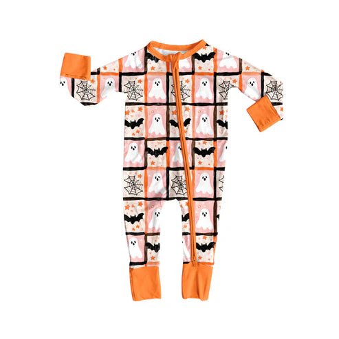 8.5 LR2539 Baby Boys Ghosts Bats Plaid Halloween Zipper Footie Rompers Preorder