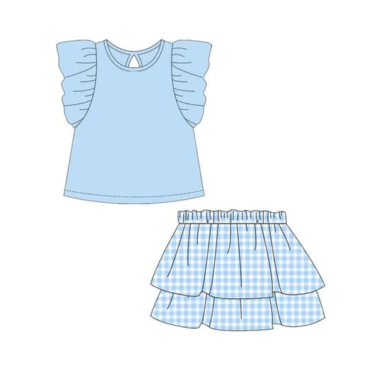 L-3.5 GSD1999 Baby Girls Blue Top Ruffle Shirts Clothes Sets Preorder