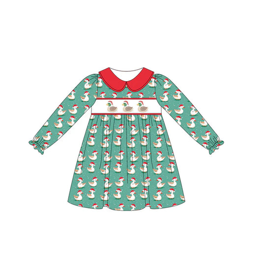 6.14 GLD1074 Baby Girls Green Long Ruffle Sleeves Ducks Plaid Knee Length Dress Preorder
