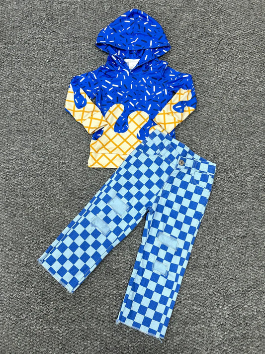 8.2 BT1275+P0097 Baby Boys Hot Blue Drip Hoodie Top Denim Pants Team Set 7.30