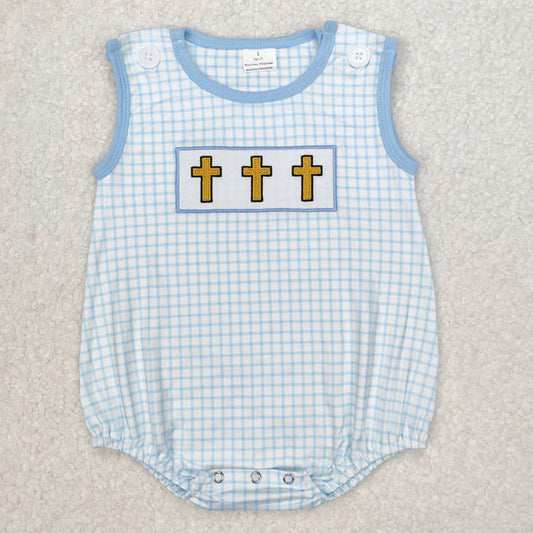 3.11 SR2505 Baby Infant Boys Blue Checkered Easter Cross Romper