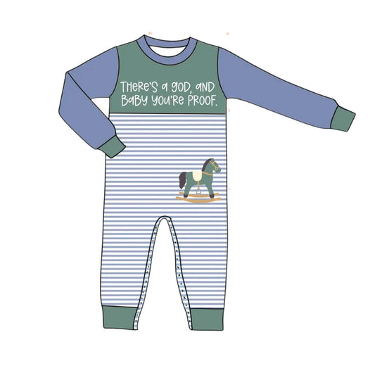 6.16 LR2239 Baby Boys Blue Long Sleeves There's a god Horse Stripe Rompers Preorder