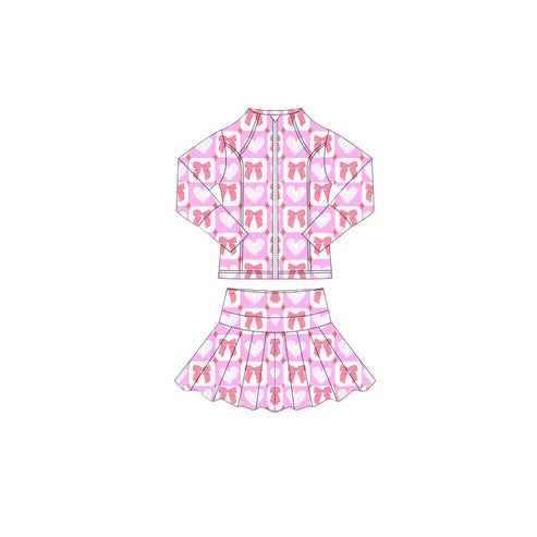 10.27 GLD1387 Baby Girls Pink Bows Hearts Zipper Jacket Skorts Valentine Yoga Clothes Sets Preorder