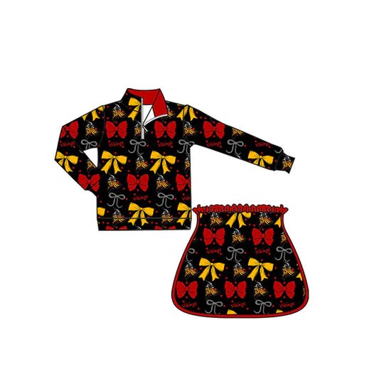 9.5 Custom Moq 5 Baby Girls Black Vikings Bows Team Zip Pullovers Skort Team Clothes Sets