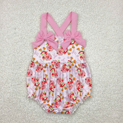 5.3 SR2933 Baby Infant Girls Pink Bows Strap Bows Strawberry Ruffle Romper