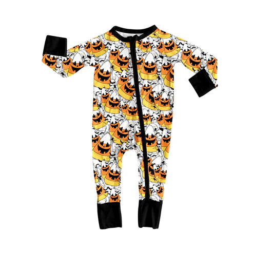 8.5 LR2537 Baby Girls Ghost Candy Plaid Halloween Zipper Footie Rompers Preorder