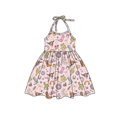 3.17 GSD2170 Baby Girls Pink Strap Cactus Boots Bull Skull Knee Length Dress Preorder