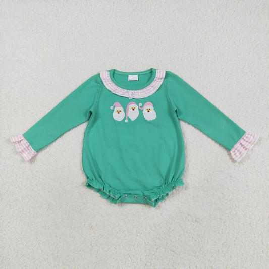 8.22 LR2411 Embroidery Baby Girls Green Long Sleeves Santa Ruffle Romper