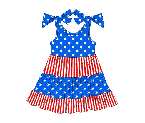 3.20 GSD2185 Baby Girls Bows Strap Blue Stars Red Stripe Patchwork 4th Of July Knee Length Dresses preorder