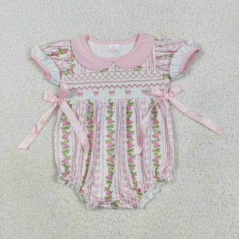6.2  SR2994 Embroidery Baby Infant Girls Pink Floral Bows Ruffle Romper