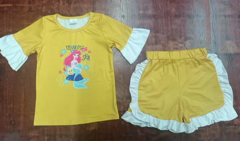 4.26  Preorder moq 3 Baby Girls Yellow Short Ruffle Sleeves Mermaid Top Short Pajamas Set