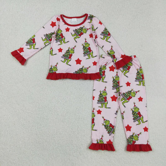 8.26 GLP2646 Baby Girls Long Ruffle Sleeves Green Face Trees Plaid Top Pant Pajamas Set
