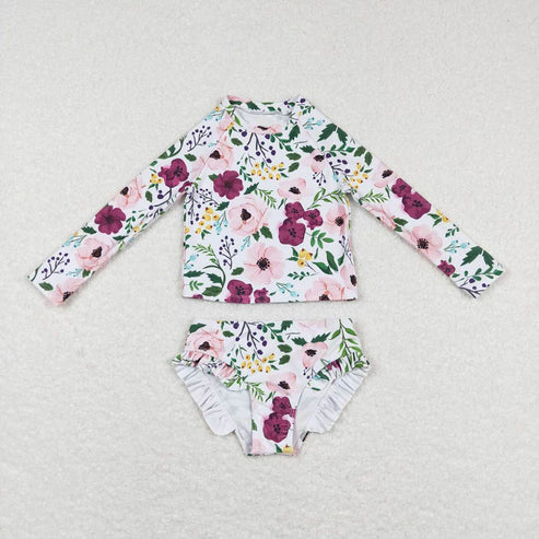 S0180 Pink Purple Flower White Long Sleeve Swimsuit Suit