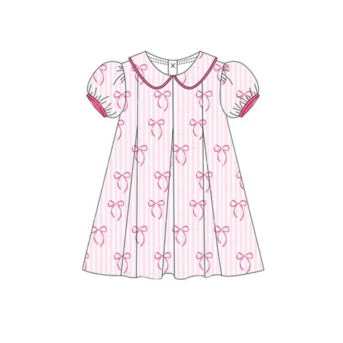 3.22  GSD2211 Baby Girls Short Ruffle Sleeves Pink Stripe Bows Knee Length Dresses Preorder