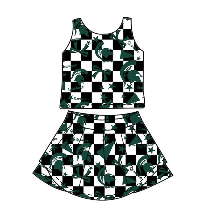 7.7 Custom Moq 3 Baby Girls Sleeveless MSU Plaid Bows Vest Top Short Skirts Set