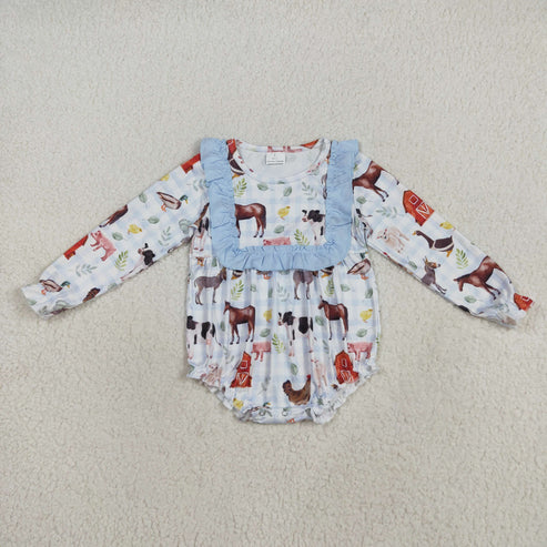 8.13 LR2362 Baby Girls Long Ruffle Sleeves Houses Chicks Plaid Romper