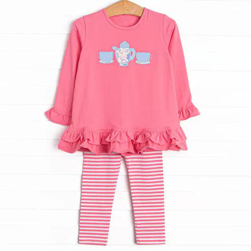 10.2 GLP2927 Baby Girls Pink Tea Cups Tunic Stripe Leggings Clothes Sets Preorder