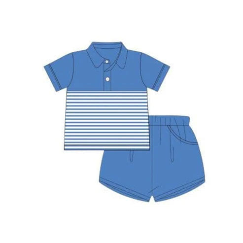 3.20 BSSO1411 Baby Boys Blue Short Sleeves Button Stripe Top Pockets Short Clothes Set Preorder