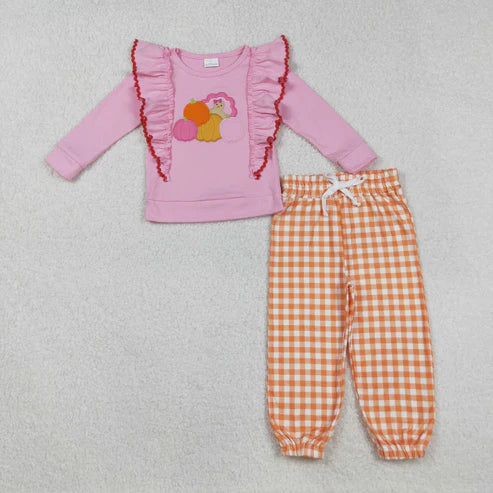 9.10 GLP2442 Baby Girls Pink Long Sleeves Turkey Pumpkins Top Orange Plaid Pant Set