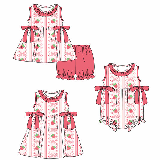 26.1.20 Custom (Moq 3 or 5) Sibling Baby Girl strawberry Bow Short Sleeve Shorts Sets Girls Dress Romper