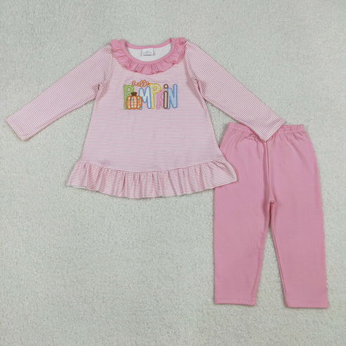 10.7 GT1183+P0821 Embroidery Pumpkin Baby Girls Pink Stripes Tunic Leggings Fall Clothes Set