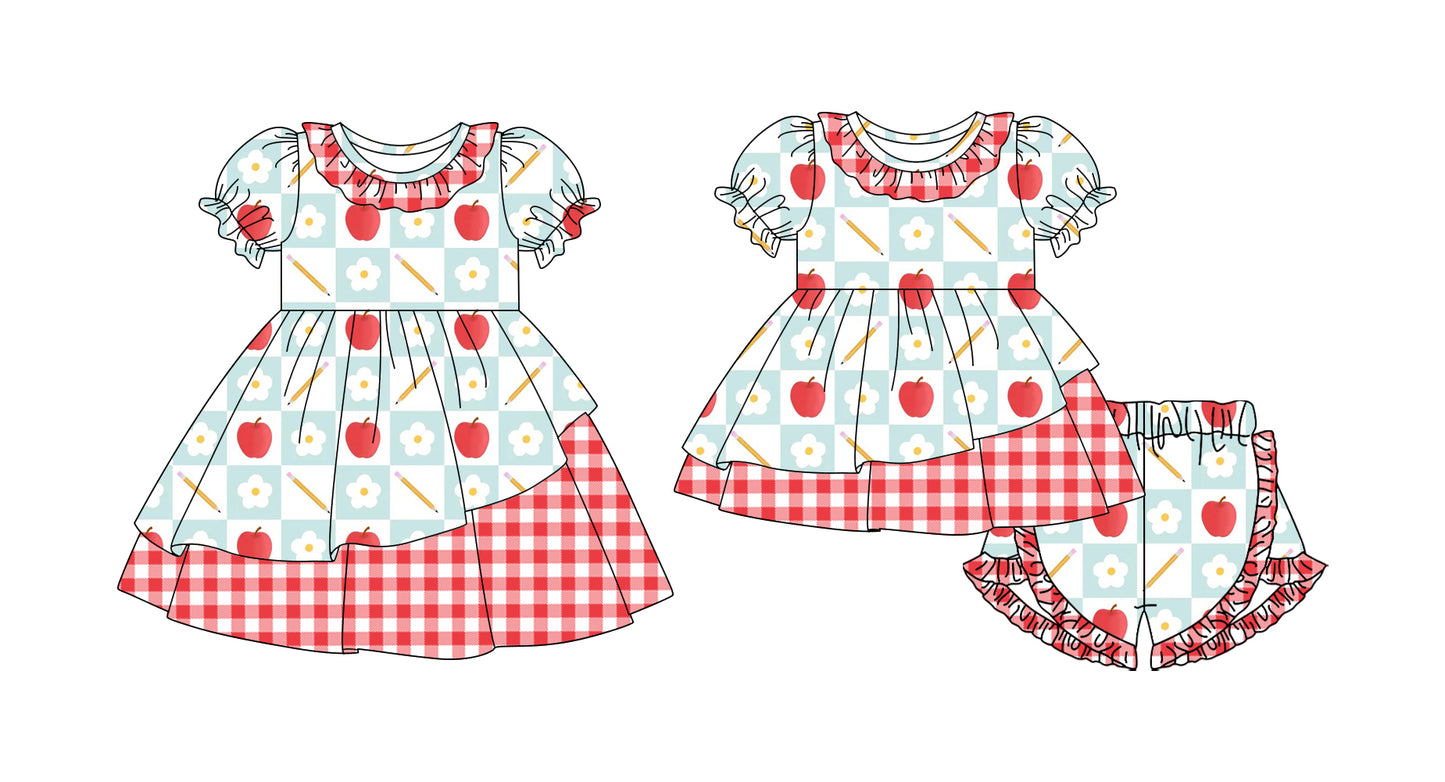 26.1.10 Custom MOQ:3 or 5 pcs each design milk silk Sibling baby girl clothes apple floral short sleeve shorts sets and dress