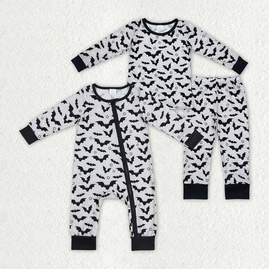 4.8 RTS NO MOQ Halloween Grey Bats Bamboo Sibling Brother Bamboo Pajamas Clothes 50%cotton +45%bamboo +5%spandex