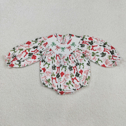 9.17 LR2185 Baby Infant Girls Long Ruffle Sleeves Colorful Bows Smocked Romper