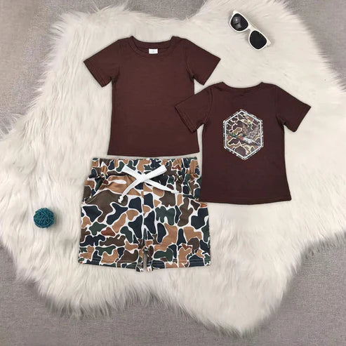 4.29 BT1090+SS0359 Baby Boys Brown Short Sleeves Camo Ducks Top Pockets Shorts Western Set