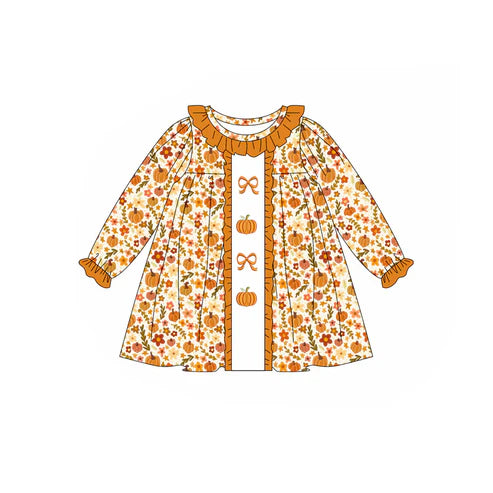 5.20 GLD1058 Baby Girls Long Ruffle Sleeves Bows Pumpkins Flowers Knee Length Dresses Preorder