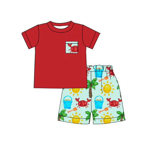 11.4 BSSO1631 Baby Boys Red Pocket Top Crabs Beach Shorts Clothes Sets Preorder
