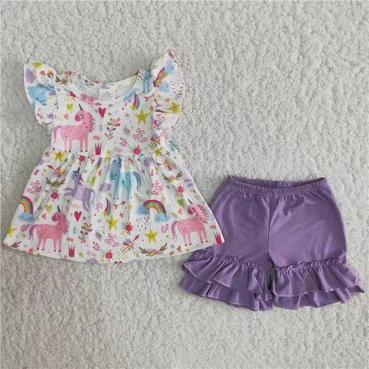 C10-3 Cartoon unicorn short sleeve shorts set for girls