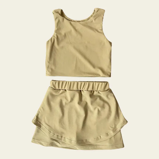 6.12 GSD2668 Baby Girls Sleeveless Khaki Vest Top Short Skirts Yoga Set Preorder