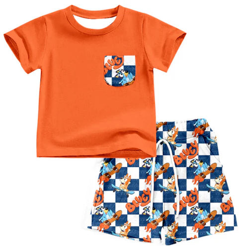 5.13 Boy cartoon dog orange short-sleeved top plaid shorts suit