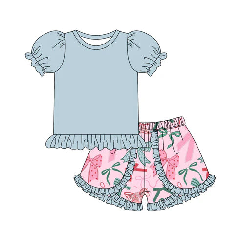 4.25 Preorder(moq 3) Baby Girls Blue Short Ruffle Sleeves Tunic Colorful Bows Ruffle Short Set